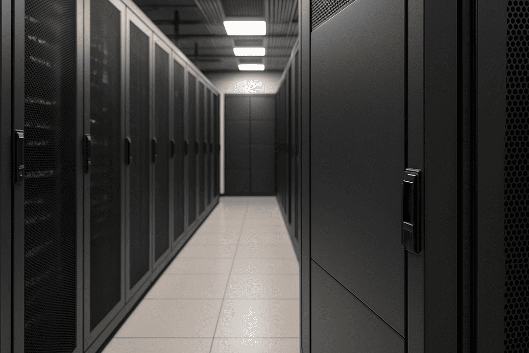 Server racks with blanking panels installed to reduce PUE